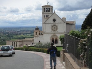 View of JB walking to Basilica of San Francesco, Assisi, Italy
